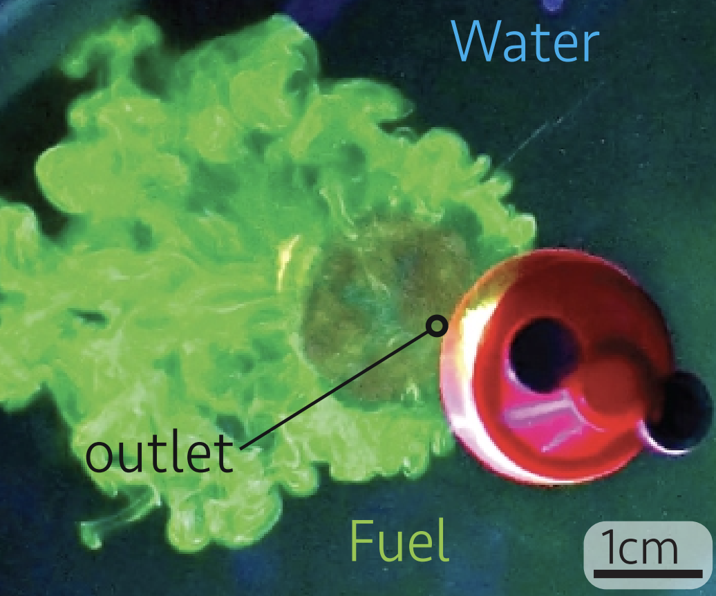A Marangoni boat emitting fluorescently tagged ethanol.
